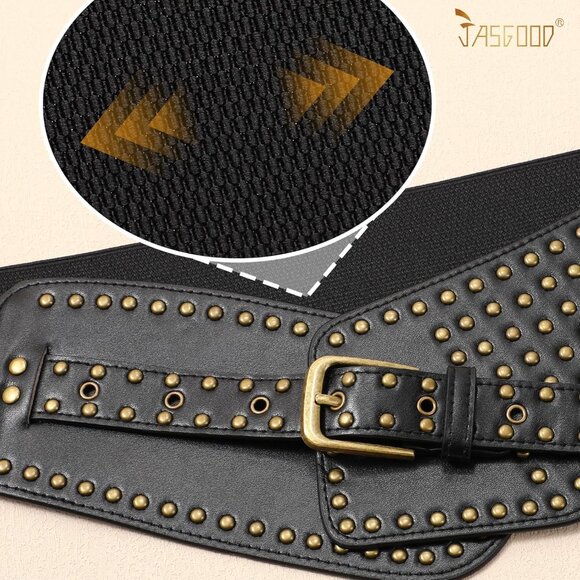 Women's Elastic Wide Belt Vintage Studded Stretchy Waist Belts Dress Pants Black - Picture 3 of 5